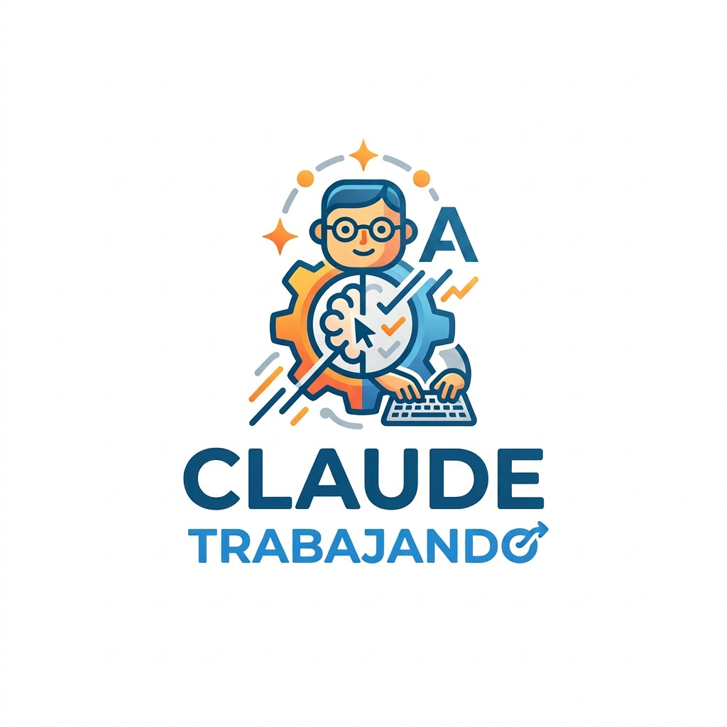 Illustrated Claude AI logo with text 'Claude Trabajando' over a blurred office background with a person using a laptop