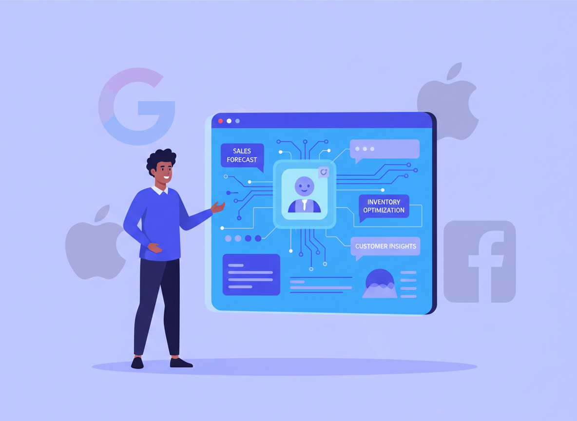 Modern tech illustration showing a small business owner looking at a large AI assistant interface on screen, with competing tech giants logos fading in the background. The focus is on the small business, not big tech. Clean flat design, blue and purple tones.