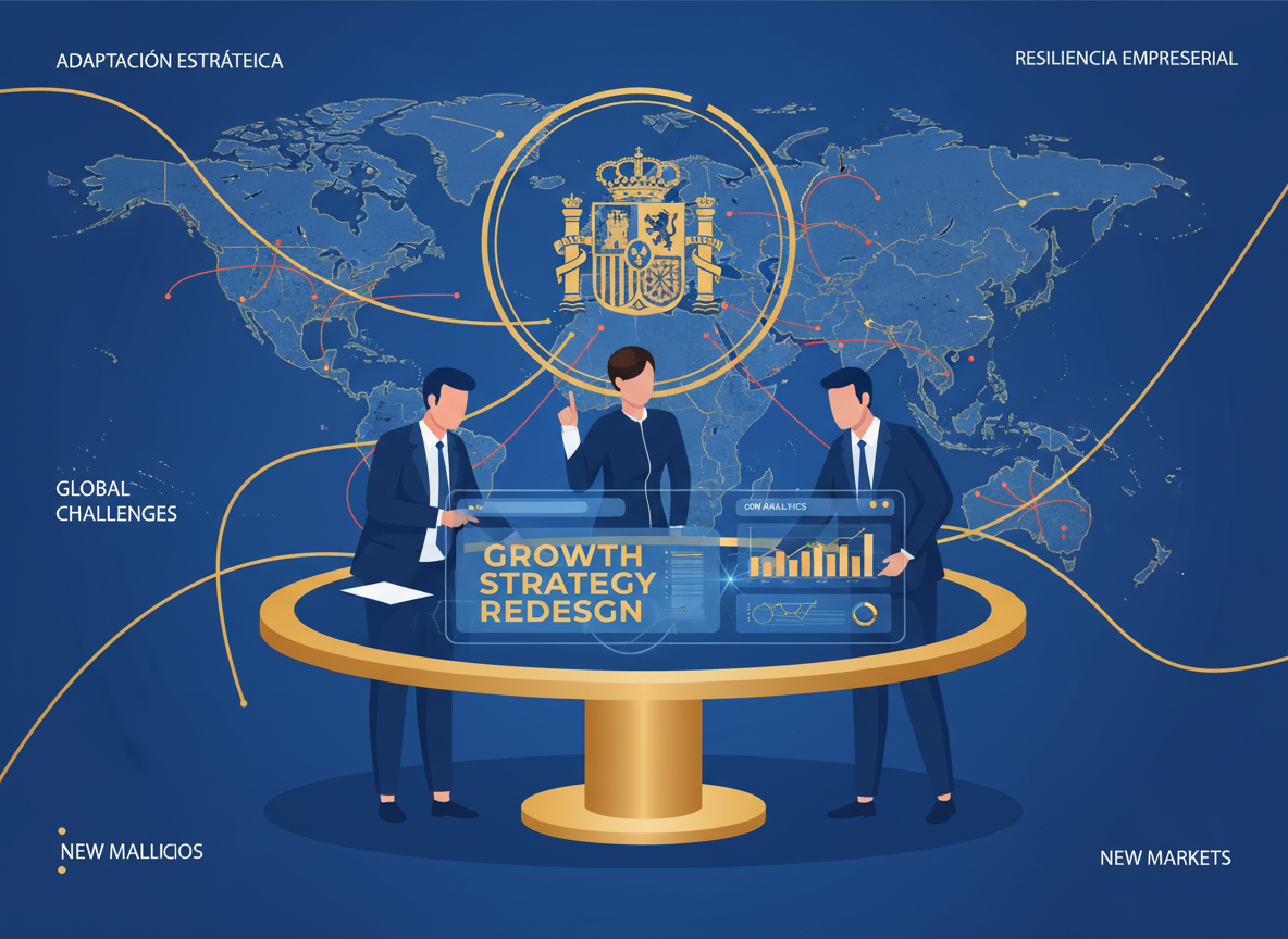 Illustration of Spanish business leaders redesigning their growth strategy amid geopolitical uncertainty, with world map tensions and a CRM dashboard in the background. Professional flat design, blue and gold tones, conveying strategic resilience and business adaptation.