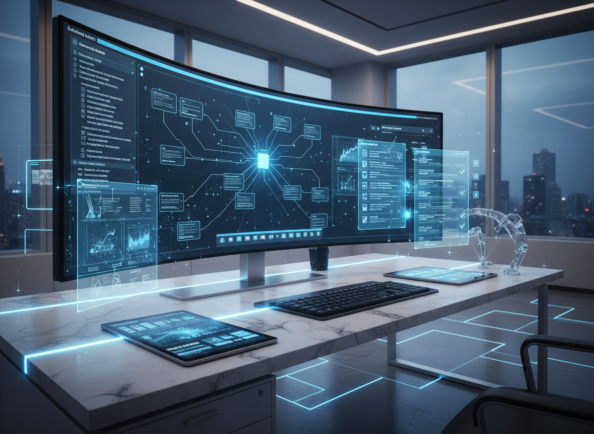 Una representación editorial y profesional de Gemini, una inteligencia artificial, trabajando sola de forma autónoma en un entorno de oficina moderno: pantalla con flujos de trabajo organizados, documentos y tareas avanzando sin intervención humana, ambiente tecnológico elegante, composición realista, tonos azul y blanco, sin texto legible ni logotipos, adecuada como imagen destacada para un artículo sobre autonomía de la IA y pequeñas empresas.